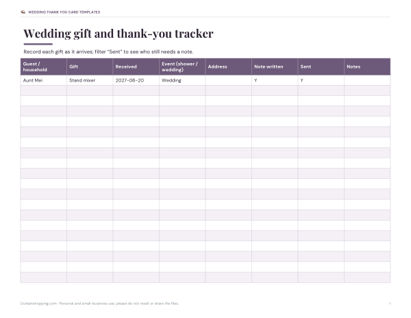 Preview of Wedding Gift and Thank You Tracker
